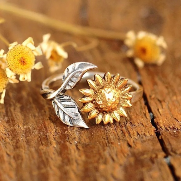 3/$35 You Are My Sunshine Sunflower Ring Adjustable Gold & Silver Leaf Design - Picture 6 of 6